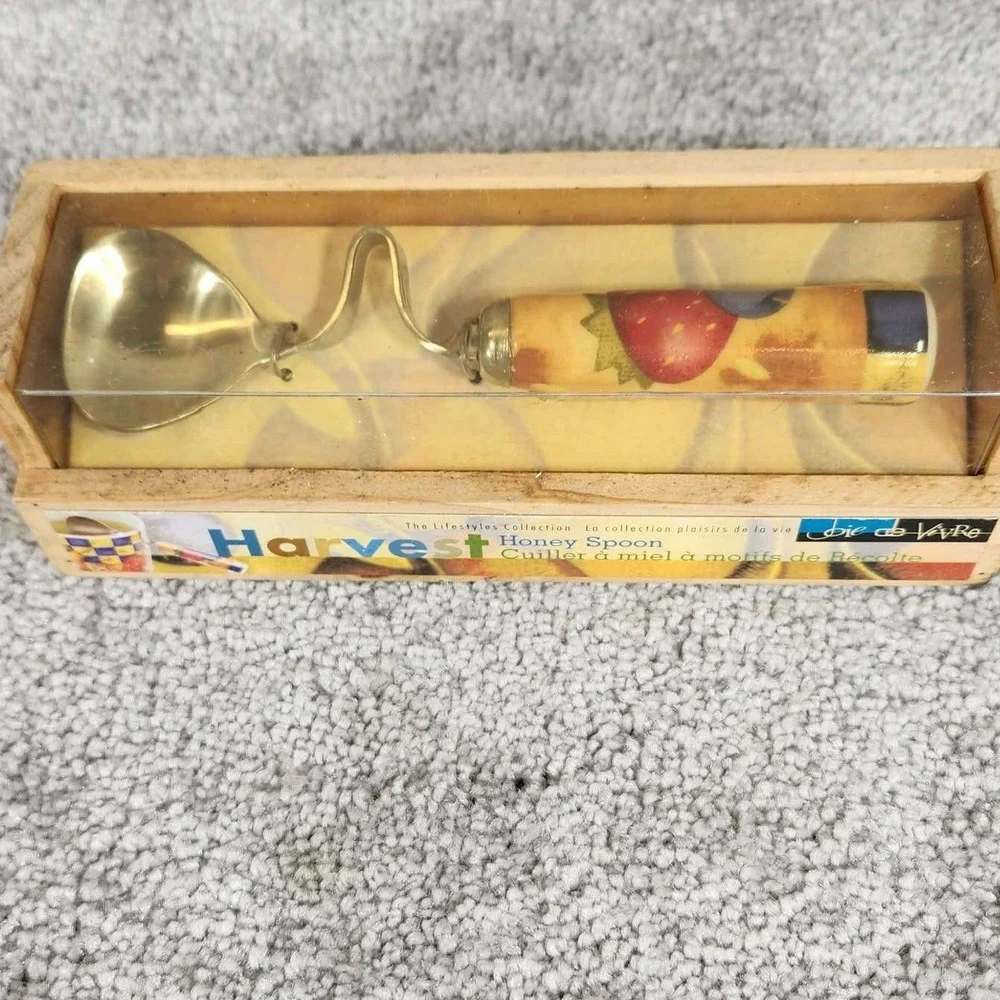 Joie de Vivre Harvest Honey Spoon Gold Tone Fruit Ceramic Handle New in Box OS